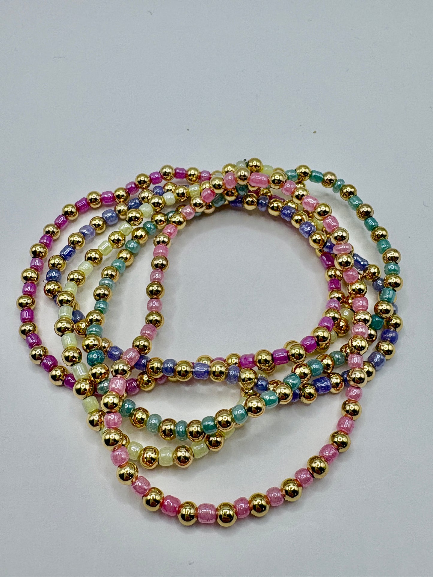 Green & Gold Beaded Stretch Bracelet/jj/Code #4
