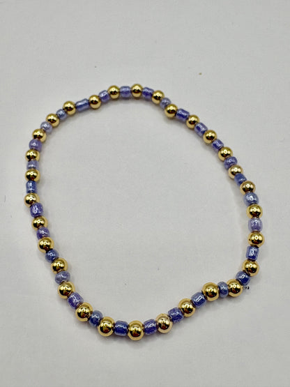 Blue & Gold Beaded Stretch Bracelet/jj/Code #4
