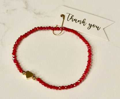 Hot Red Pink Heart Charm/3mm Beaded Stretch Bracelet/jj/ Code #8