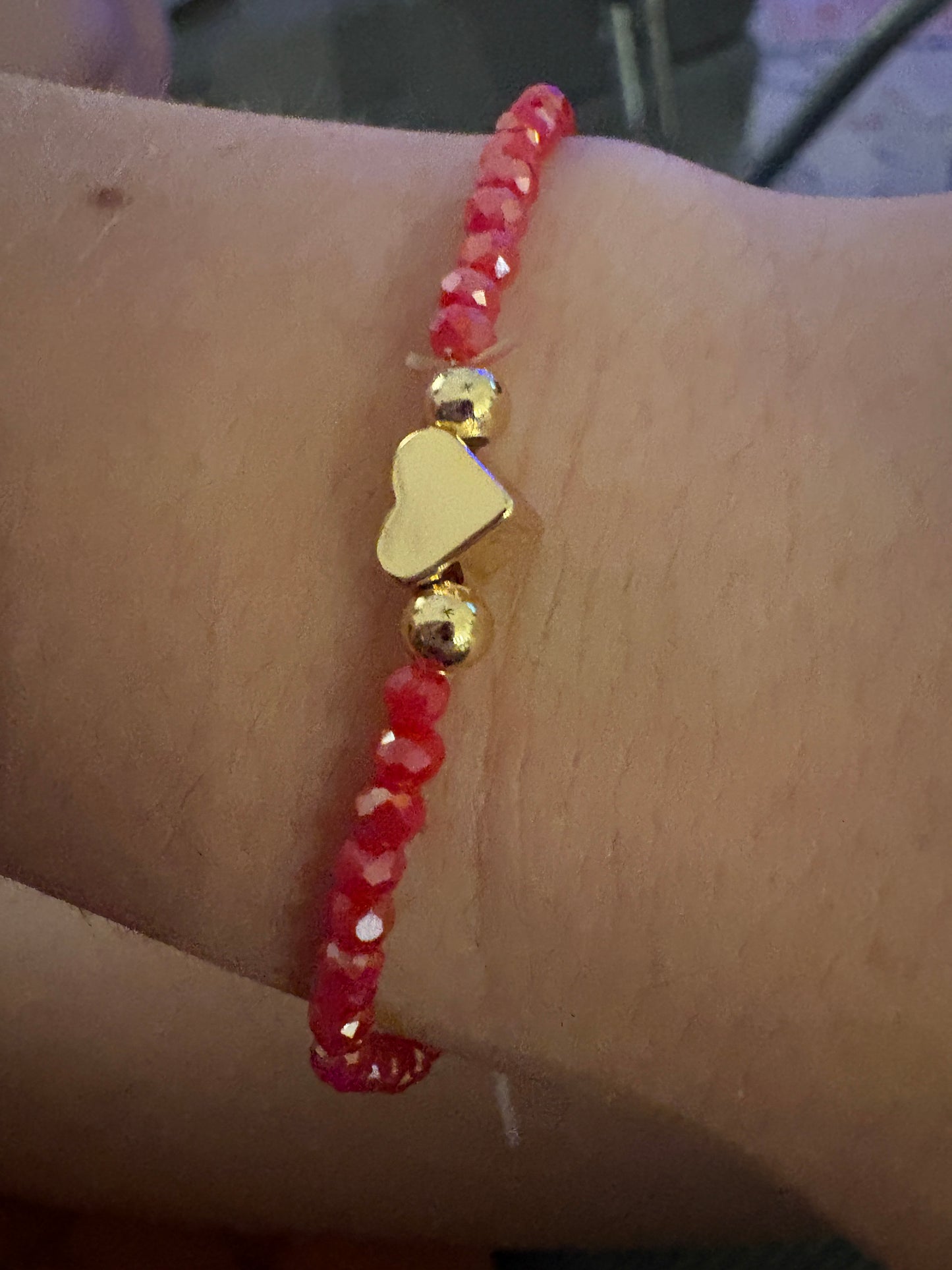 Hot Red Pink Heart Charm/3mm Beaded Stretch Bracelet/jj/ Code #8