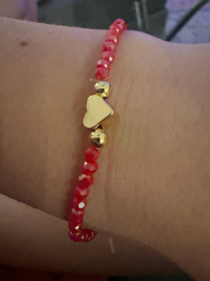 Hot Red Pink Heart Charm/3mm Beaded Stretch Bracelet/jj/ Code #8