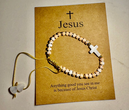 Natural Cross & Hearts Adjustable Stretch Bracelet/jj/Code #7