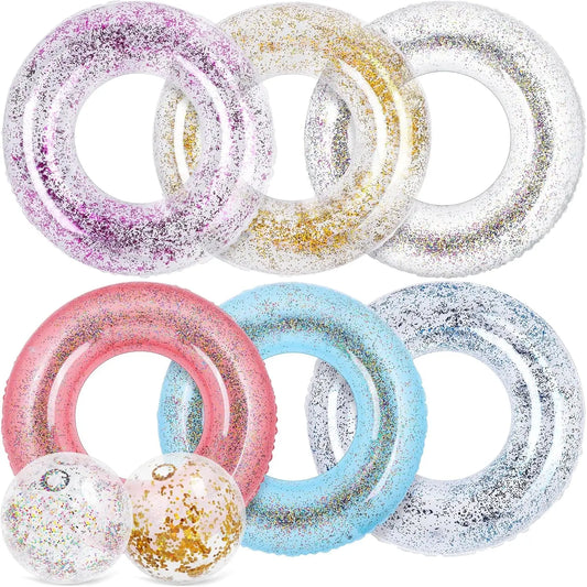 8 Pack Inflatable Glitters Pool Float Beach Balls Set 35 Inch Large Swim Ring Flotation Pool Floats Toy Inflatable Transparent