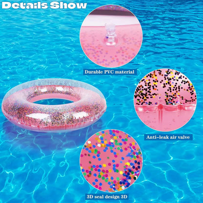 8 Pack Inflatable Glitters Pool Float Beach Balls Set 35 Inch Large Swim Ring Flotation Pool Floats Toy Inflatable Transparent