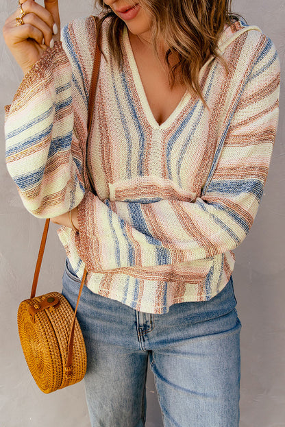 Contrast Striped Dropped Shoulder Hooded Knit Top