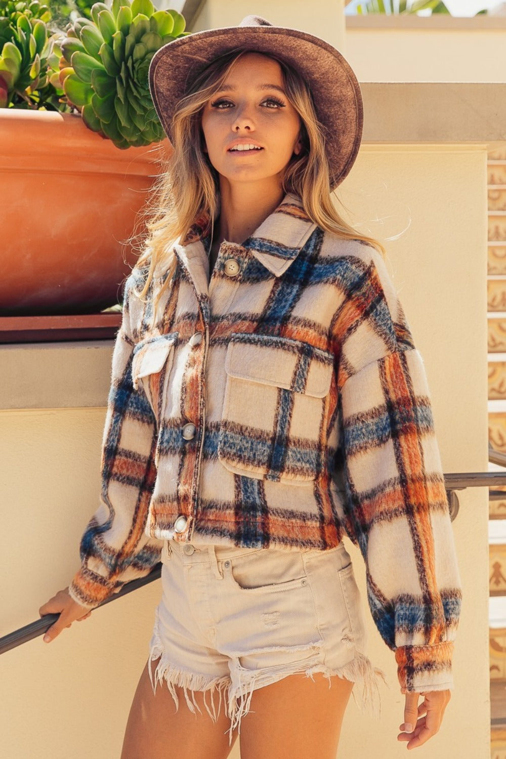 BiBi Brushed Plaid Crop Jacket with Pockets tt