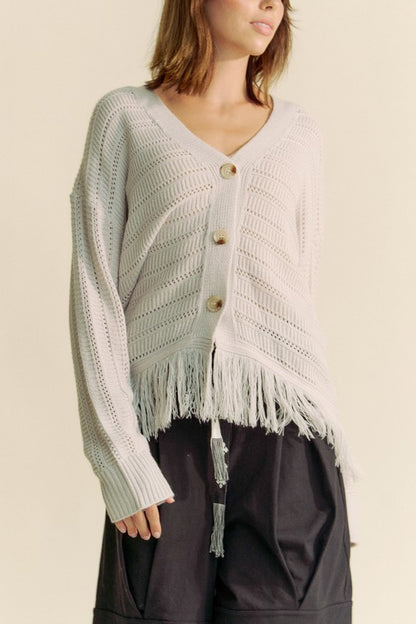 Davi & Dani Fringe V-Neck Button Up Long Sleeve Cardigan tt