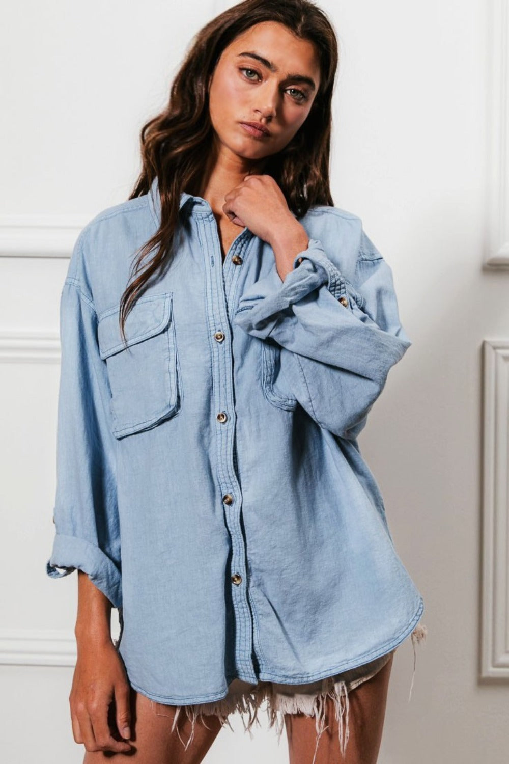 BiBi Brushed Plaid Crop Jacket with Pockets