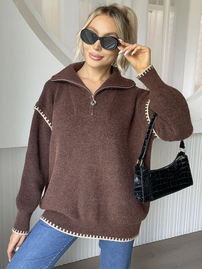 Quarter Zip Contrast Dropped Shoulder Sweater