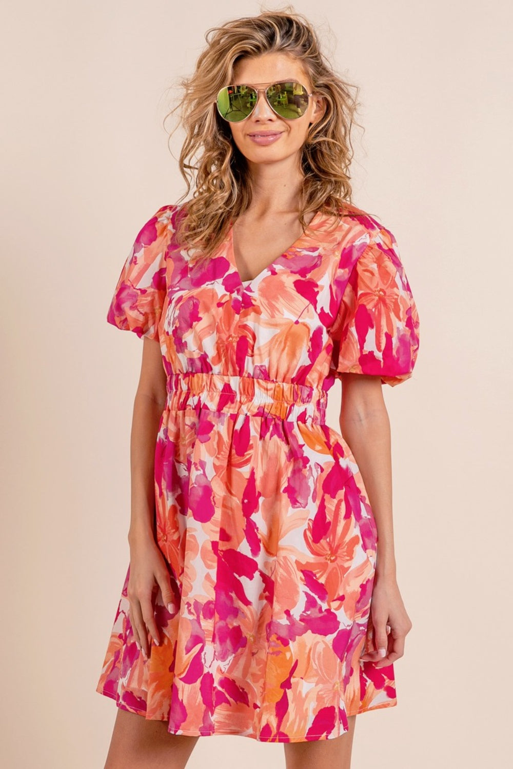 BiBi Floral V-Neck Puff Sleeve Mini Dress nt