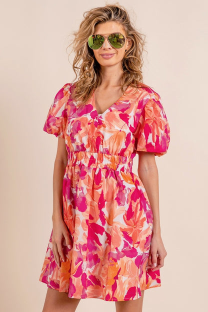 BiBi Floral V-Neck Puff Sleeve Mini Dress nt