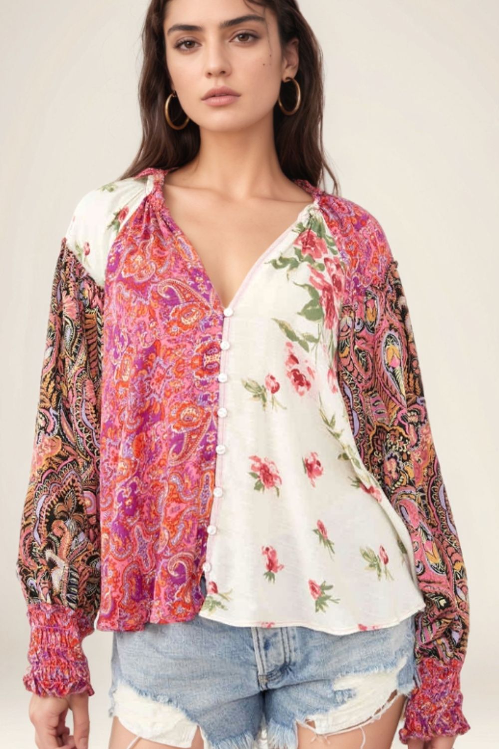 Frill Floral Shirred Cuff Long Sleeve Blouse