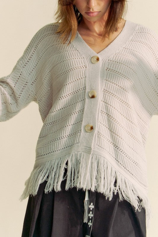Davi & Dani Fringe V-Neck Button Up Long Sleeve Cardigan tt
