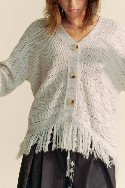 Davi & Dani Fringe V-Neck Button Up Long Sleeve Cardigan tt