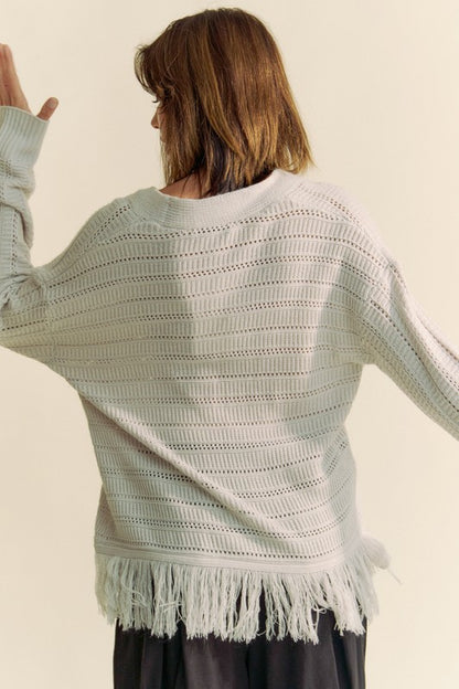 Davi & Dani Fringe V-Neck Button Up Long Sleeve Cardigan tt