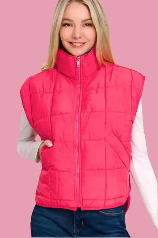 Zenana Zip Up Cropped Puffer Vest with Pockets