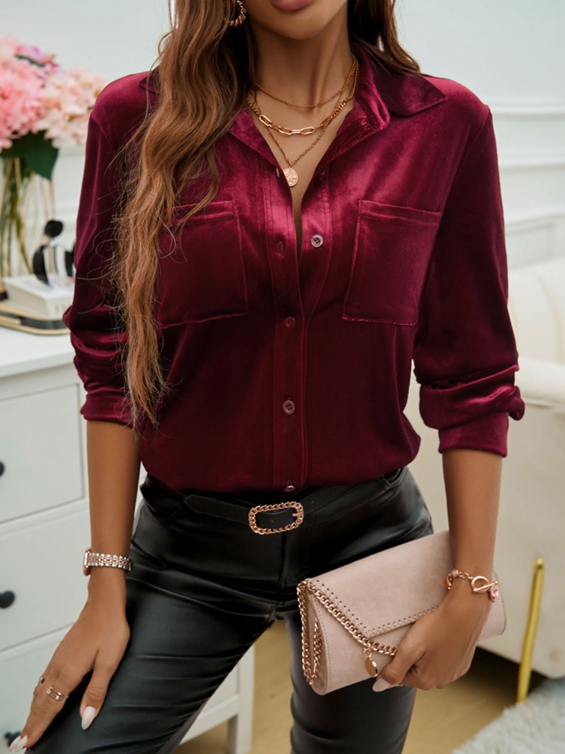 Devine Pocketed Collared Neck Long Sleeve Shirt