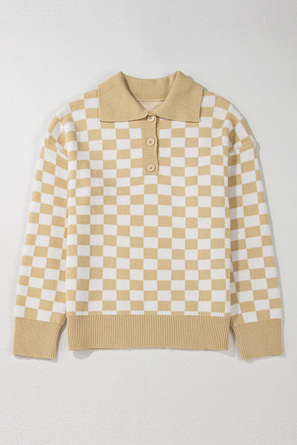 Checkered Collared Neck Long Sleeve Sweater