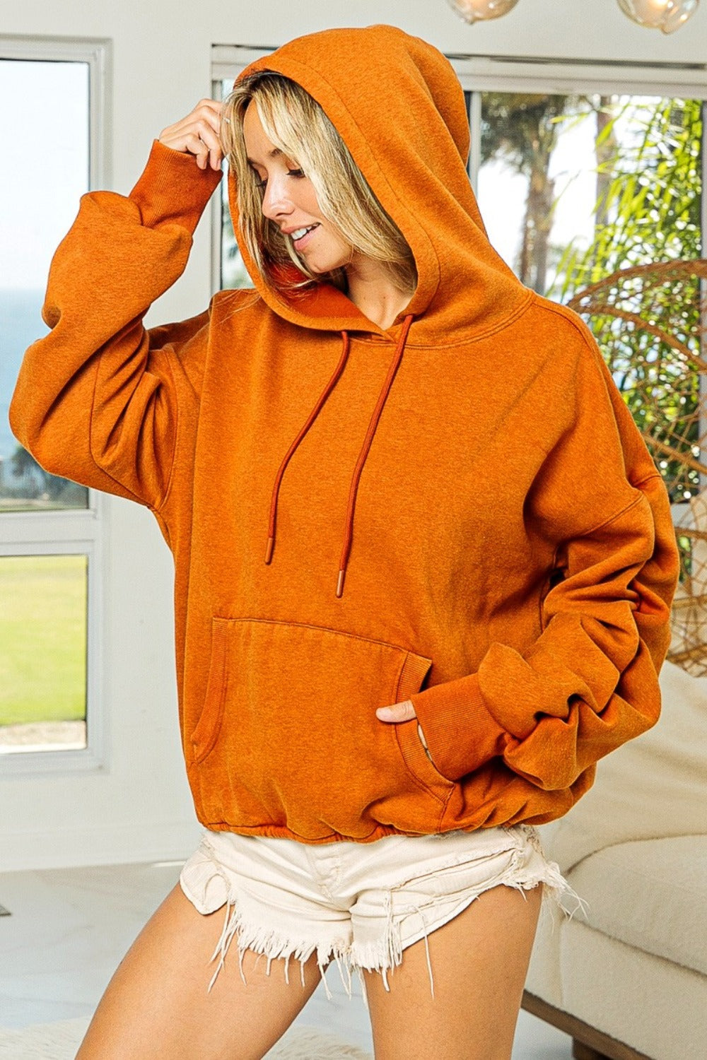 BiBi Ruched Long Sleeve Washed Fleece Hoodie tt